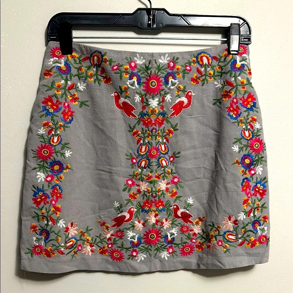 Altar’d State Embroidered Gray Mini Skirt floral birds Small